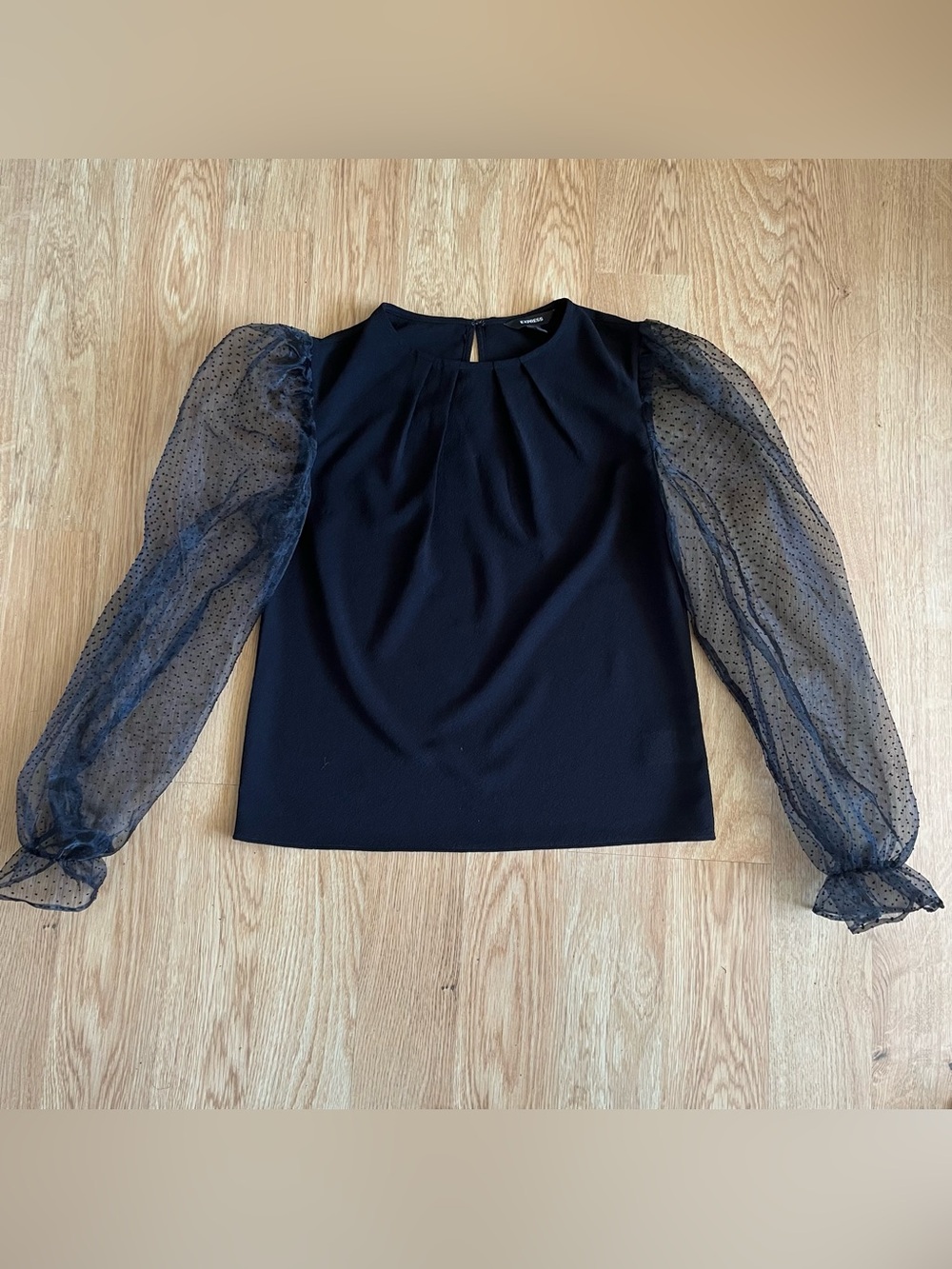 Express Women’s Black Chiffon Blouse Sheer Long Puff Sleeves Round Neck Size S